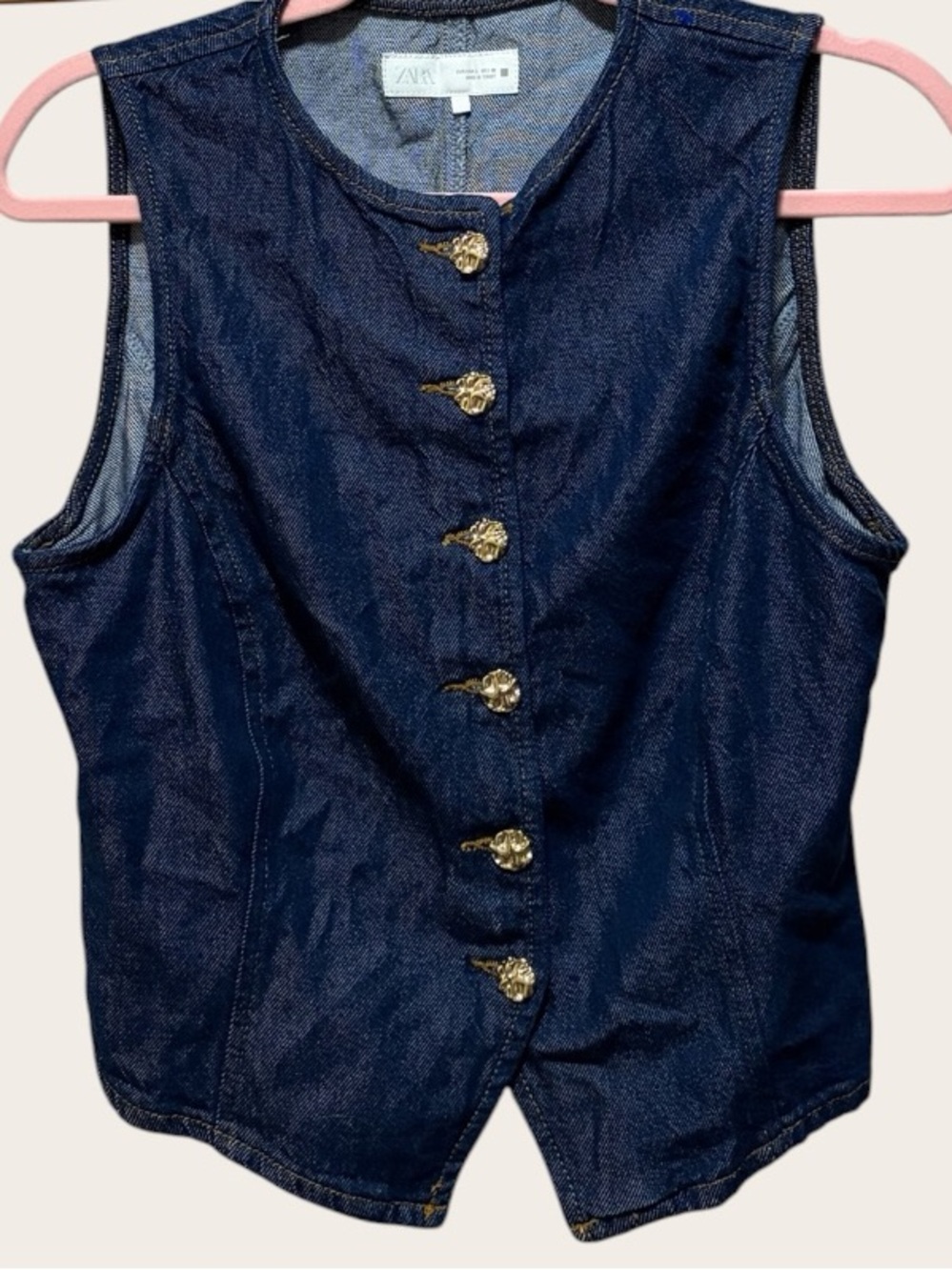 Zara Denim Vest Women’s Blue Gold Button Sleeveless Jean Waistcoat